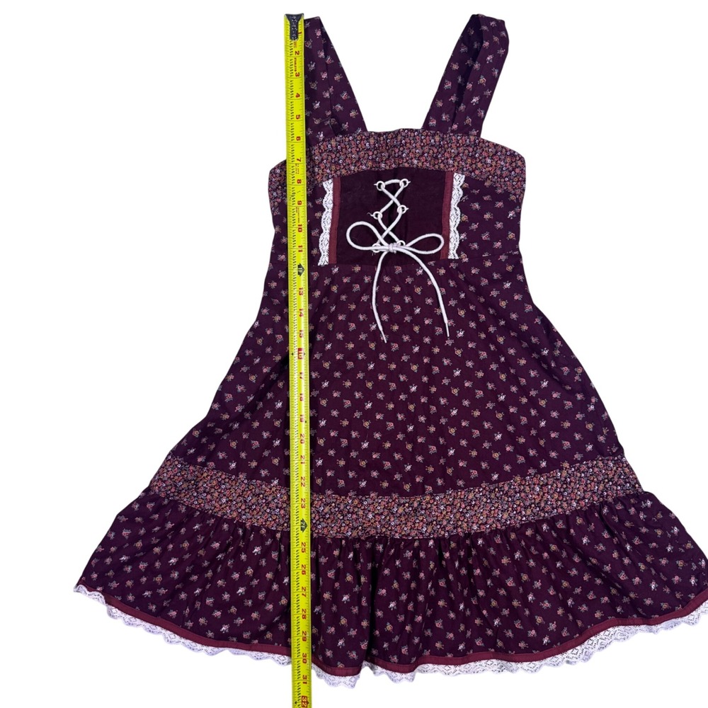 Vtg Sears Roebuck Prairie Dress Girls 12.5 Burgundy Floral Corset Lace Boho Folk - Picture 9 of 10